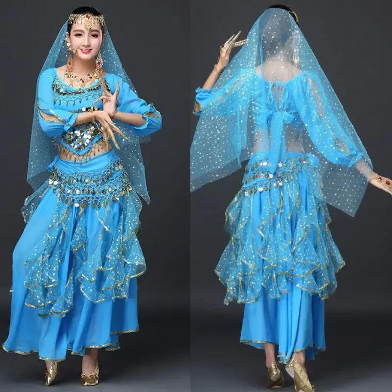 Bollywood Sequin Costumes Adult Indian Belly Dance Women Short Sleeve Chiffon Set