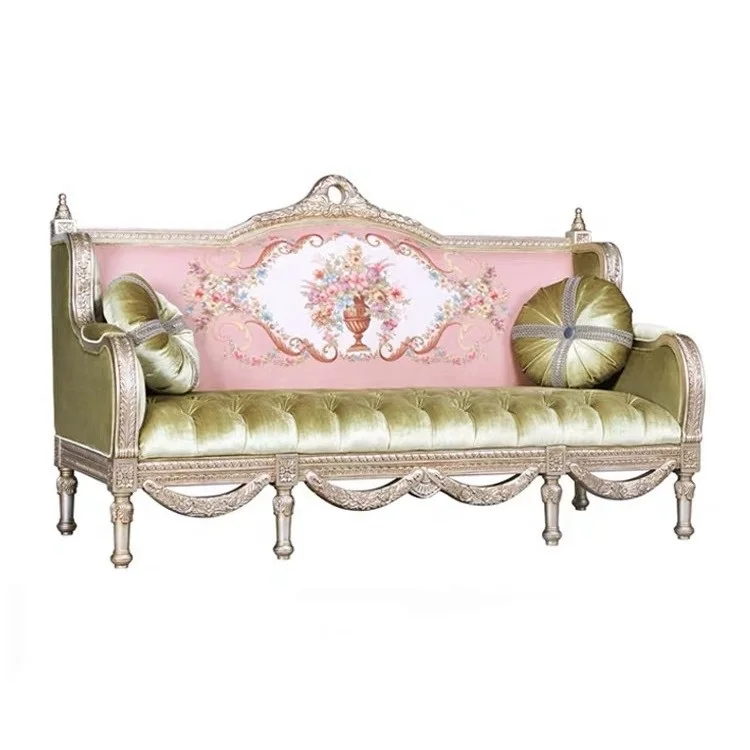 #French Rococo Sofa OliveGreen Velvet Floral Embroidery Ornate GoldCarved Frame Button Tufted Seat Classic Living Room Furniture