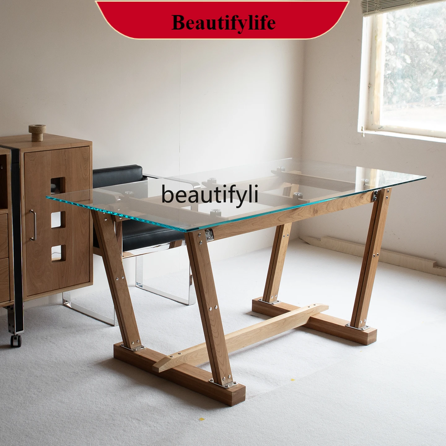 

G1218 Glass dining table, desk, medieval style long table, industrial style