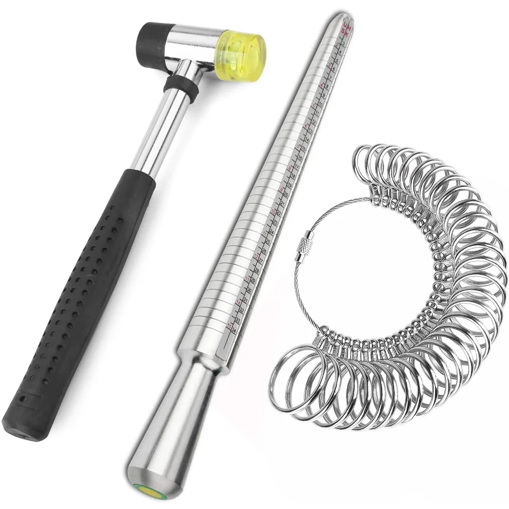 

HK/US/JP/UK/EU Ring Mandrel Metal Ring Sizer Gauge Set with Steel Rubber Hammer for Ring Making Measurements Jewelry DIY Tool