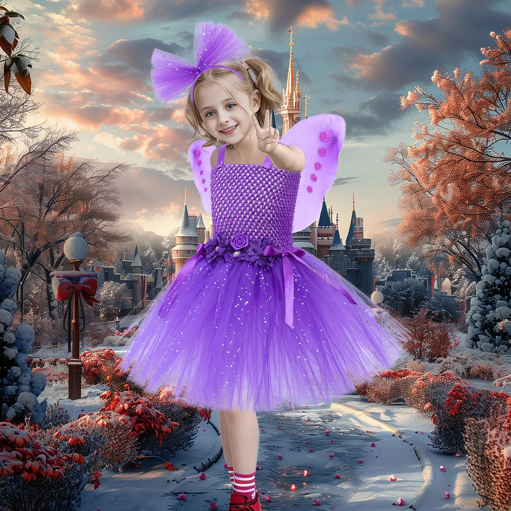 Sparkly Purple Fairy Tutu Dress with Wings Princess Magic Butterfly Dress Up Fantasy Costume Baby Kids Birthday Party Dresses