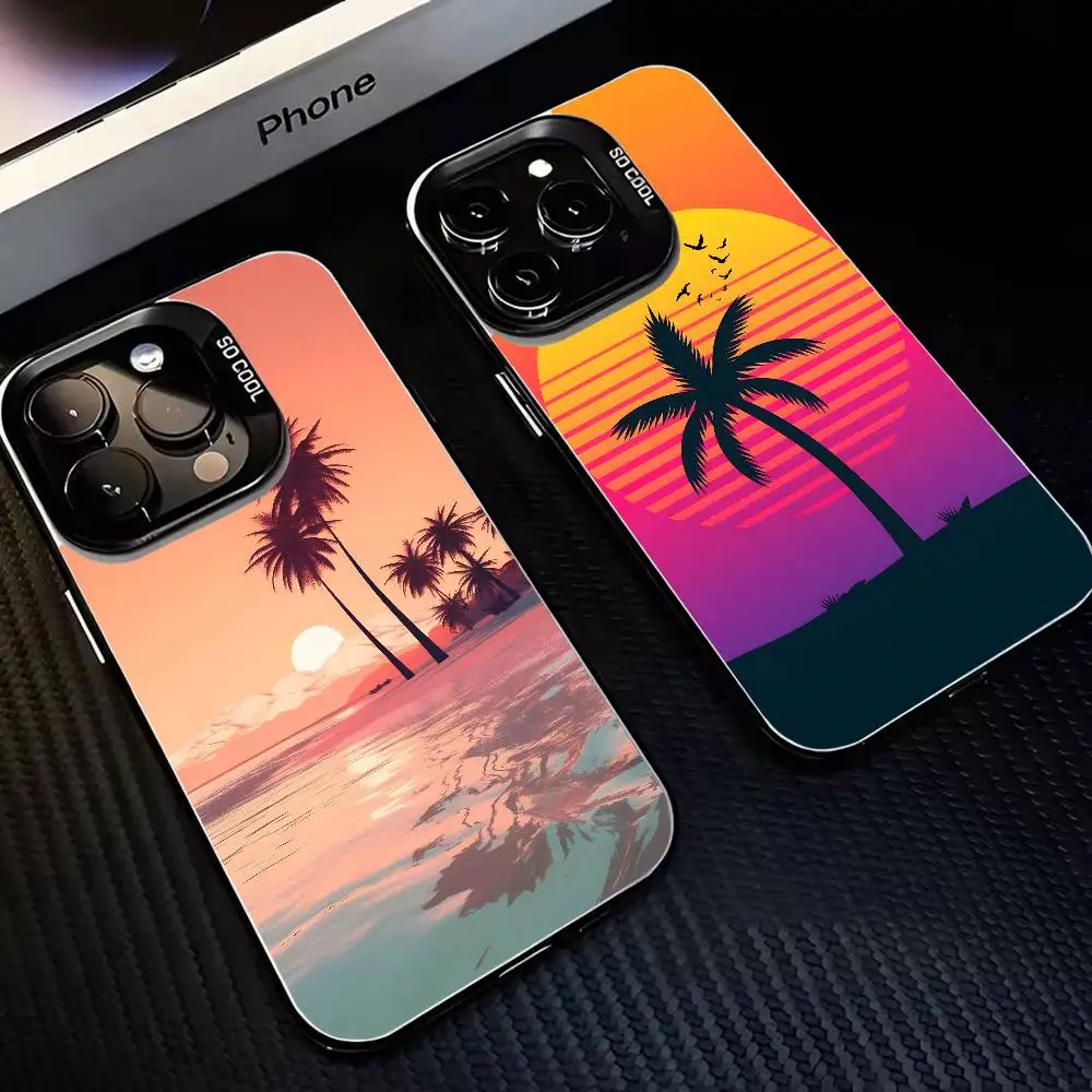 

Palm Tree Beach Summer Phone Case For iPhone17,16,15,14,13,12,11 Plus,Pro Max Black Matte Shockproof Cover