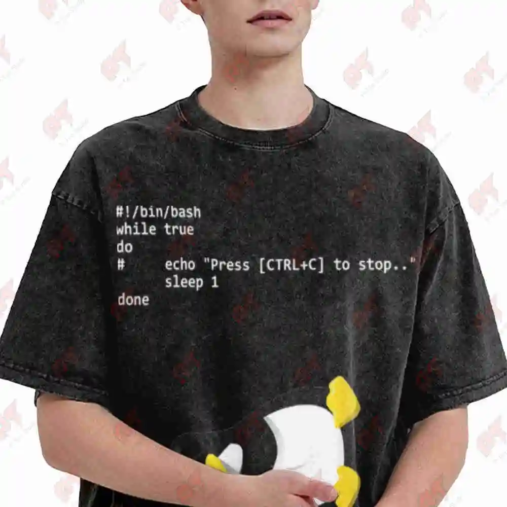 Sleeping Tux Loop Linux Geek Nerd Penguin Vintage Washed Tee Pure Cotton T-Shirt