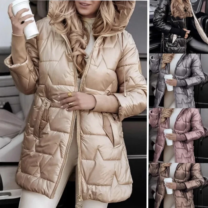 

2026 Autumn Winter New Hooded Mid Length Triple Zipper Cotton Padded Warm Versatile Multi Colors Optional