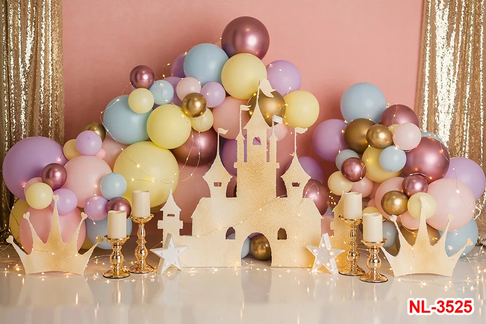 プリンセスケーキスマッシュの写真の背景、紫、城と花の背景、誕生日ケーキのスマッシュ、写真スタジオ、写真スタジオ