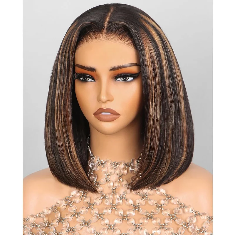 Brown Highlight Blonde Wig Short Straight 4x4 Lace Front Human Hair Wig