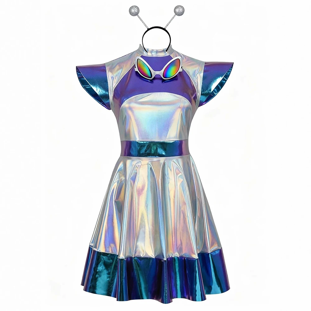 Kids Alien Cosplay Costume Ai Holographic Robot Dress with Headband Sunglasses Halloween Carnival Party Outfit for Girls view 2