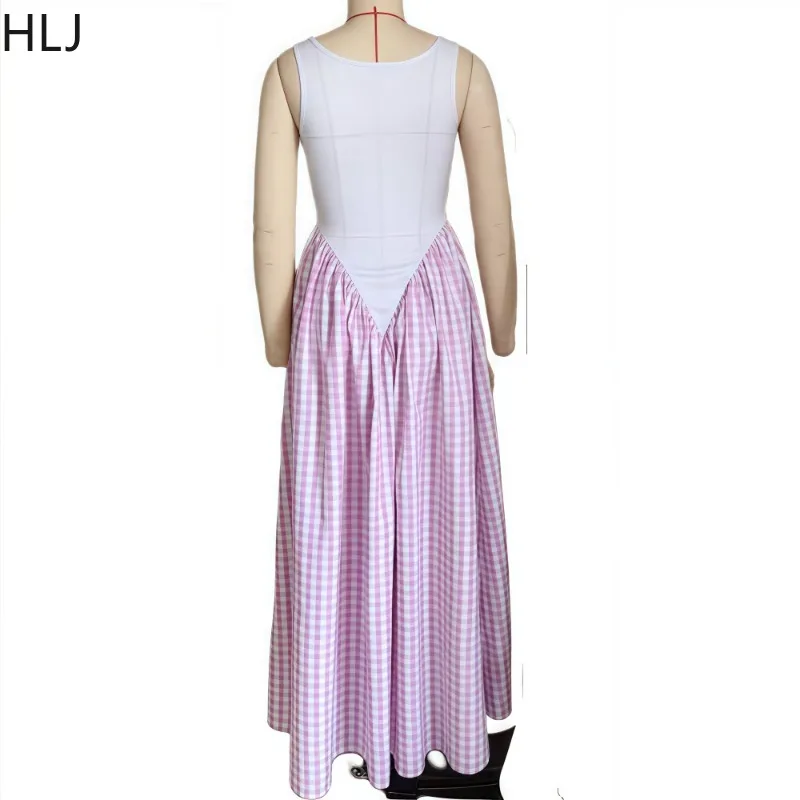 HLJ Fashion Plaid Patchwork Bodycon Long Dress for Woman Solid Color Sleeveless Tank Maxi Dress Female Streetwear Vestidos New