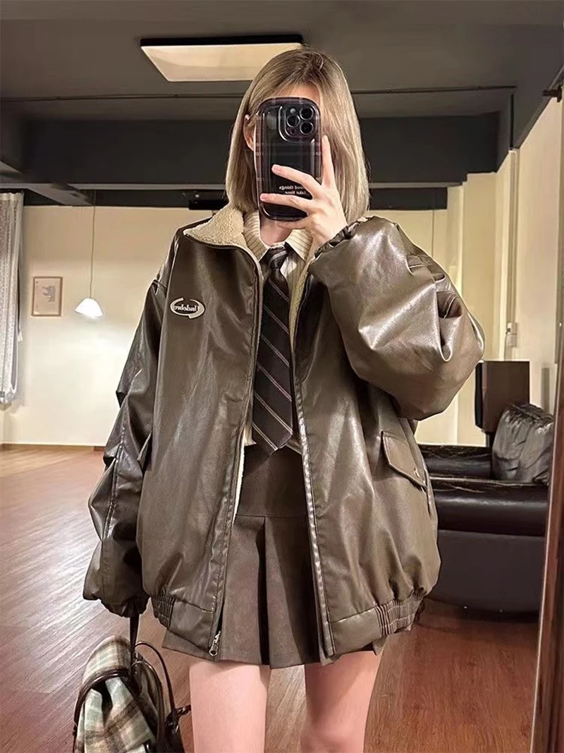 Reversible Brown Women Pu Jacket Sherpa Lined Coat Zip Up Fleece Oversized Retro Moto Streetwear Y2K Winter Outerwear Top
