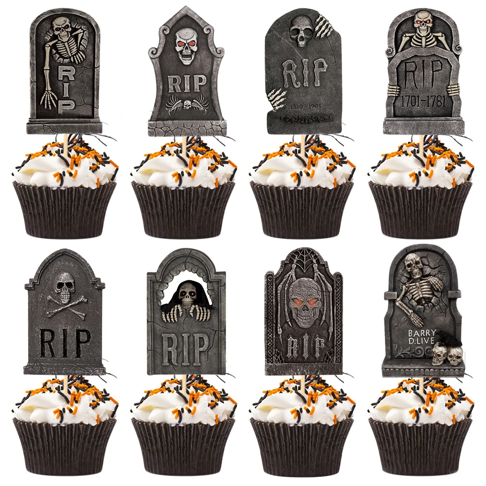 Halloween Horror Theme Cake Topper, Skull Cap, Cupcake Picks for Kids, Birthday Party, Decoração Dia dos Mortos