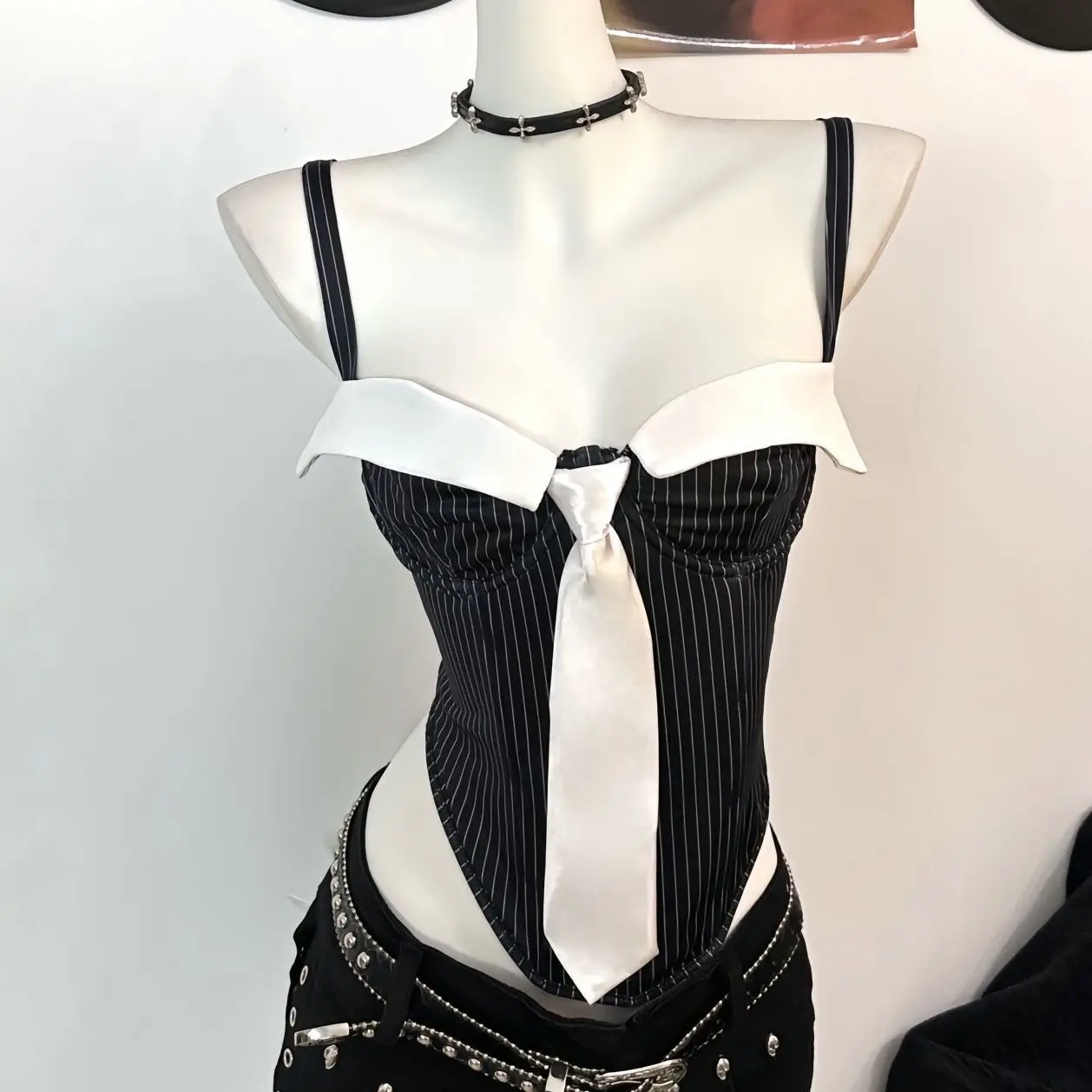 College Style Lapel Contrasting Colors Spliced Fishbone Bra Women's Summer Sexy Waist Pinching Short Camisole Vest