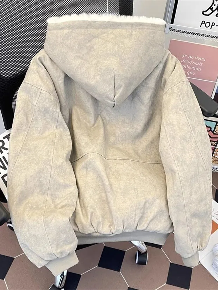 パーカージャケットコート女性のための厚い毛皮の襟フード付きアウターヴィンテージストリート長袖カップルコート 2025 新しい秋冬