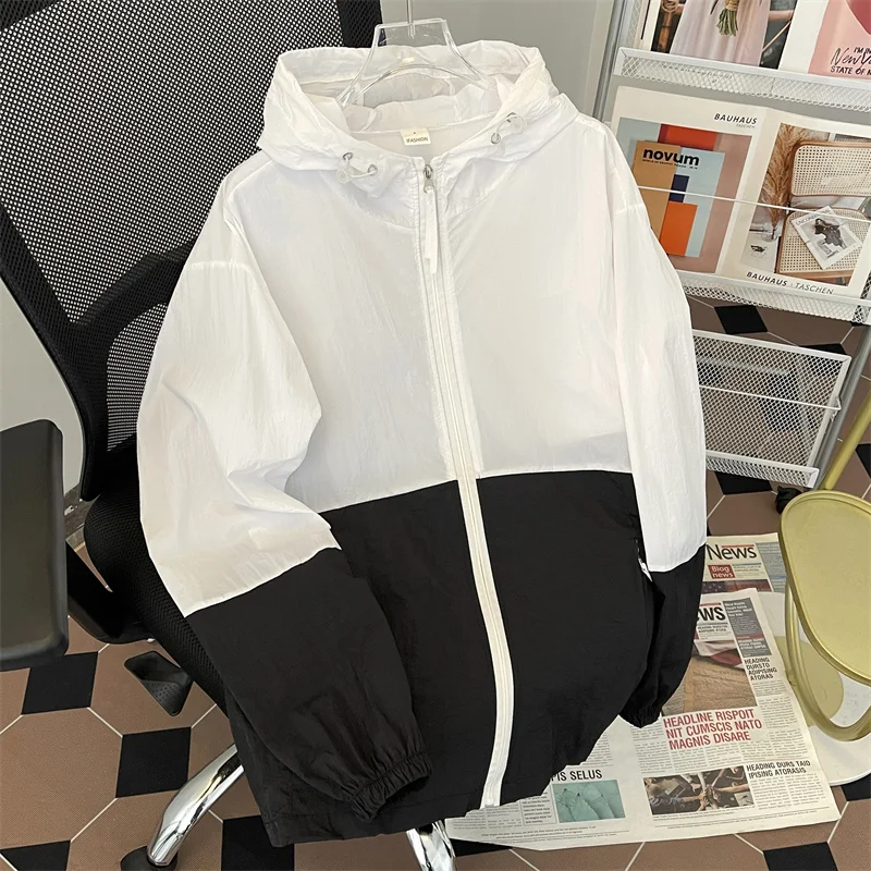 ผู้ชายนอกเสื้อผ้าป้องกันแสงแดดฤดูร้อนใหม่บางสบายๆหลวมซิป Splicing ชุดสูทเกาหลีกระเป๋าเสื้อแขนยาว