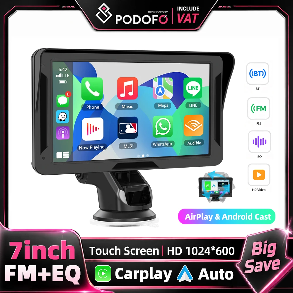 Podofo 7 Zoll Tragbarer Auto-Monitor Smart Player Kabelloses Carplay Android Auto Airplay Autolink EQ AUX HD 1024*600 Bluetooth Musik FM-Übertragung Auto-Display Auto-Monitor Navigationssystem
