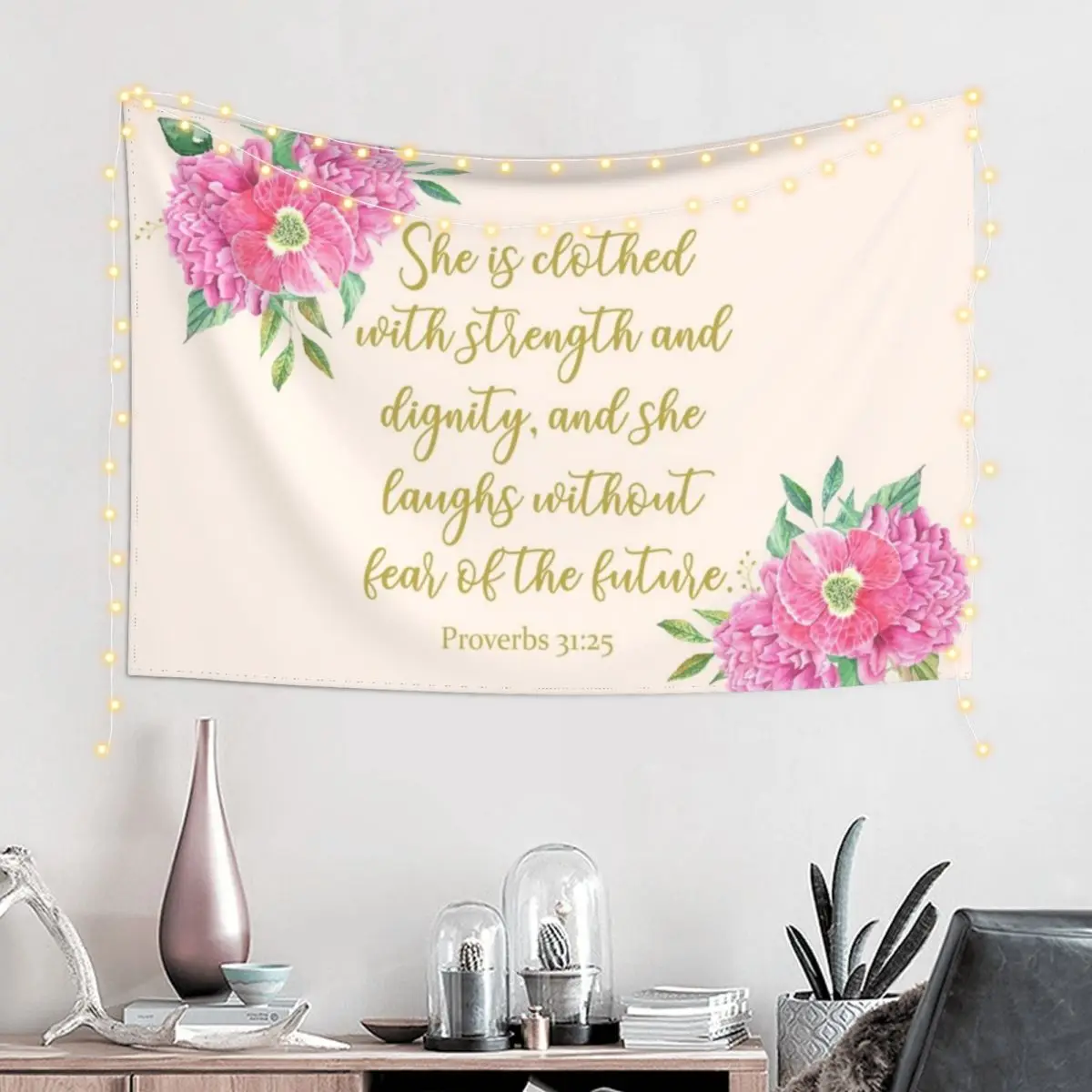 She is clothed with strength and dignity bible verse Tapestry Decoration Pictures Room Wall Wall Hanging Decor Tapestry