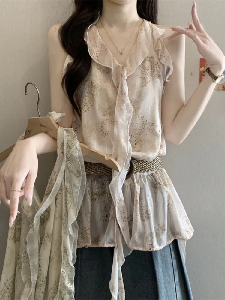 

Summer Floral Embellished Sleeveless Chiffon Blouse Women's Neck Hanging Waist Cinched Skirt Bell Top V-Neck Short Length