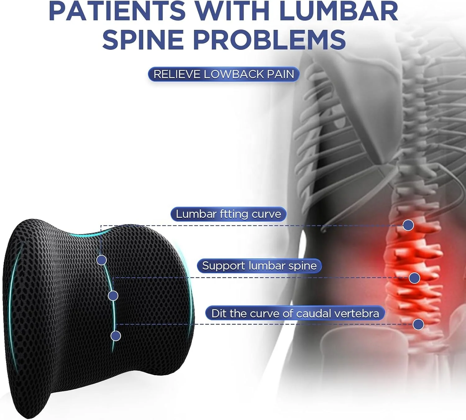 Lumbar Back Support Pillow Memory Foam Cushion for Office Chair Car Seat Improve Posture Back Pain Relief With Adjustable Strap