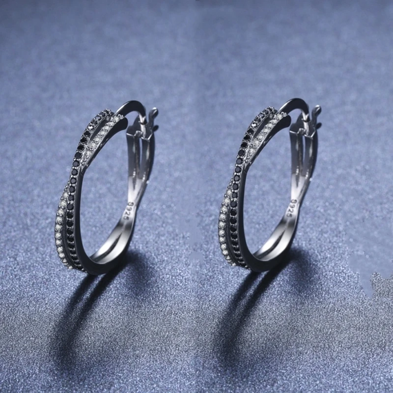 Black Awn Classic Silver Color Round Black Trendy Spinel Engagement Hoop Earrings for Women Jewelry Bijoux I209
