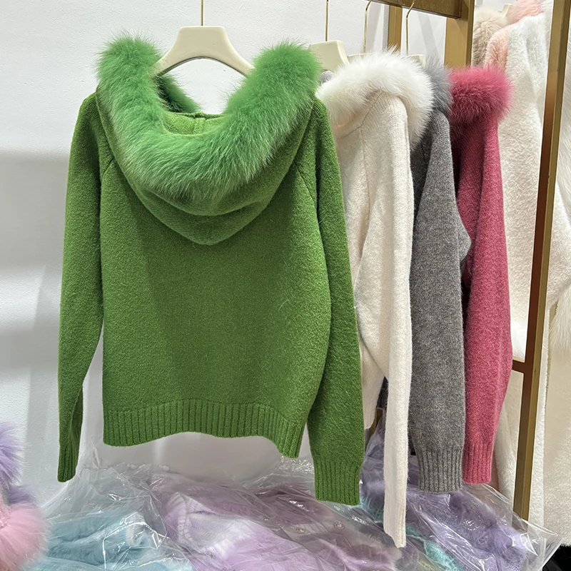 2024 Women Winter Green Real Fox Fur Thick Knitting OverSize Loose Girl's Luxury Sweater Hooded Jacket Coat