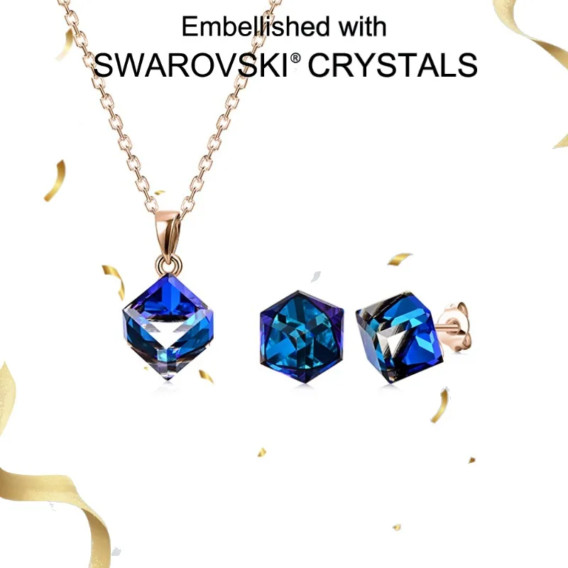 

Daisini Blue Square Pendant Earrings Necklaces Jewelry Set with Swarovski Crystals for Women 925 Sterling Silver Fine Jewelry