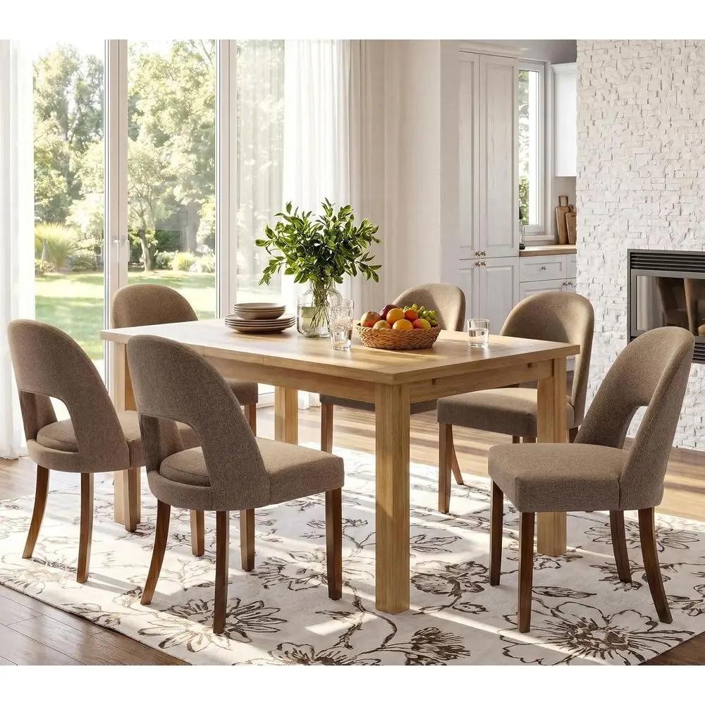

6-Piece Upholstered Dining Chairs Set with Walnut Legs and Linen Fabric Backrest for Elegant Home and Restaurant Use, Brown