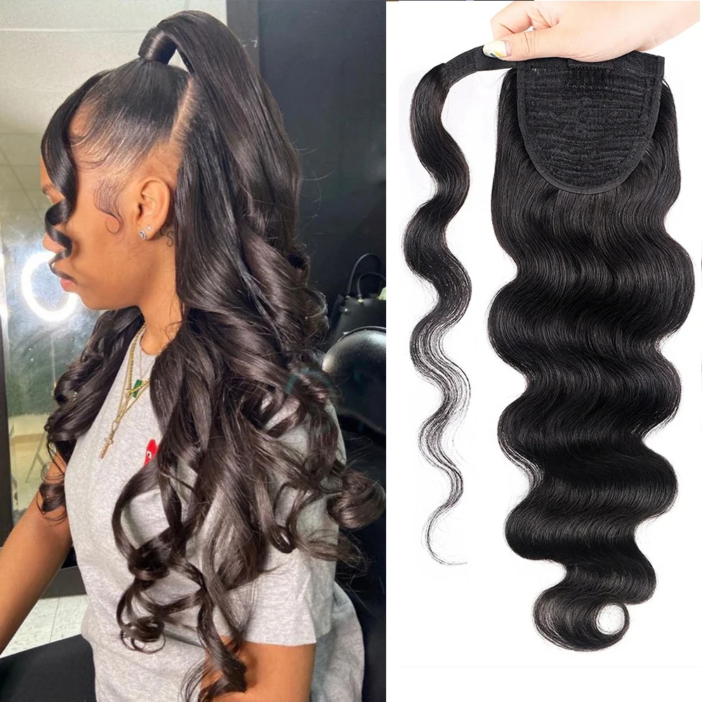 

Бразильские человеческие волосы Remy, натуральный цвет, хвост, объемная волна, обернутый вокруг хвоста для женщин, 100% качественные волосы