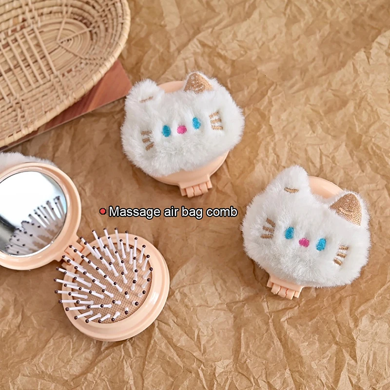 Plush Cartoon Cat Hairbrush, Folding Massage Comb, Head Massage, Airbag Comb, Anti-estático, Portátil, Viagem, Menina, Cabelo