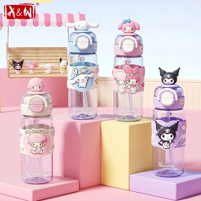X&W Sanrio Kids Plastic Water Bottle 630ML Kuromi Cinnamoroll Pop-Up Straw Cup Summer Cute Drinking Tumbler For Outdoor /Travel