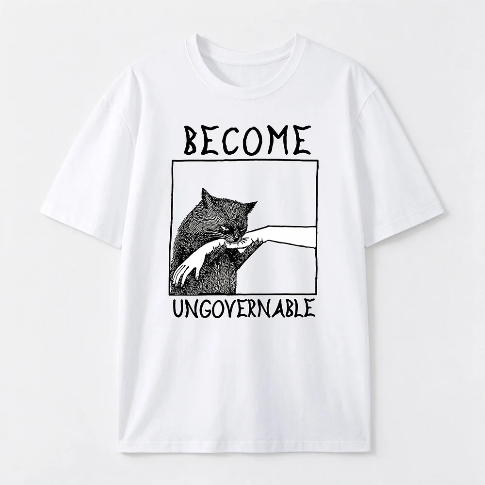 Become Ungovernable Black Cat Meme T-shirt Retro Bite Hand Graphic Oversized Unisex Sarcastic Streetwear Tee