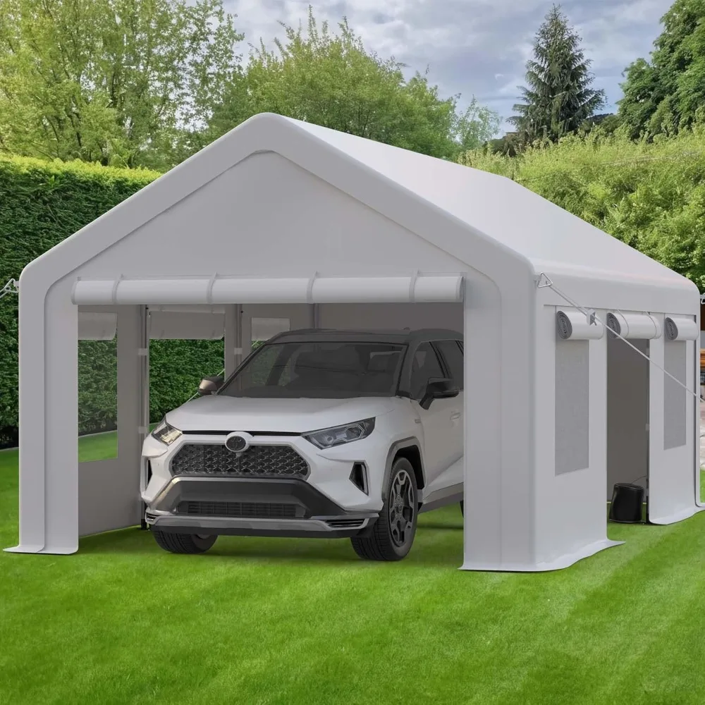 Heavy Duty Carport, Portable Garage with 4 Doors & 4 Window, Upgraded Carport with Reinforced Steel Poles, Uv, Customized