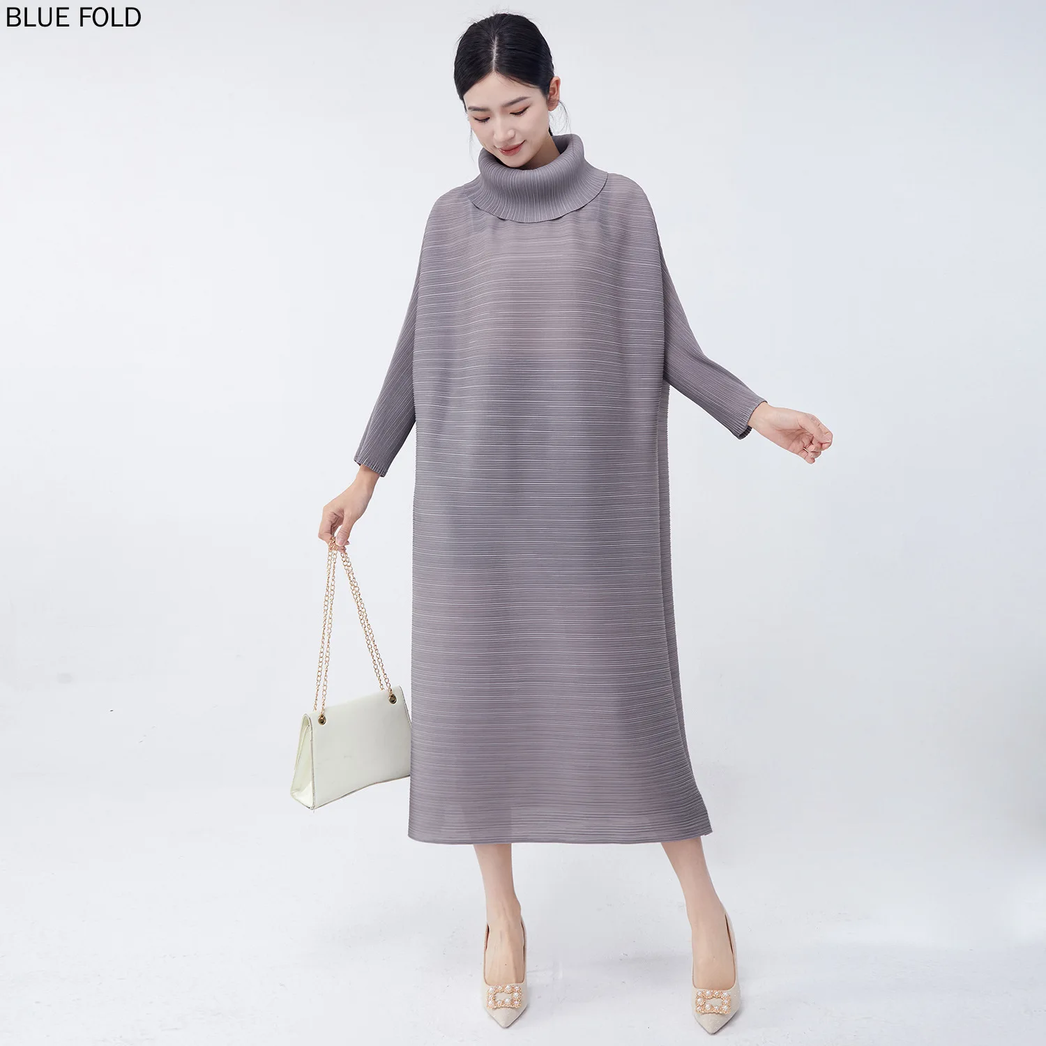 Miyake Long-sleeved Dress High-end Spring and Autumn High-neck Loose Large Size Casual Mid-length Dress Elegant High Quality