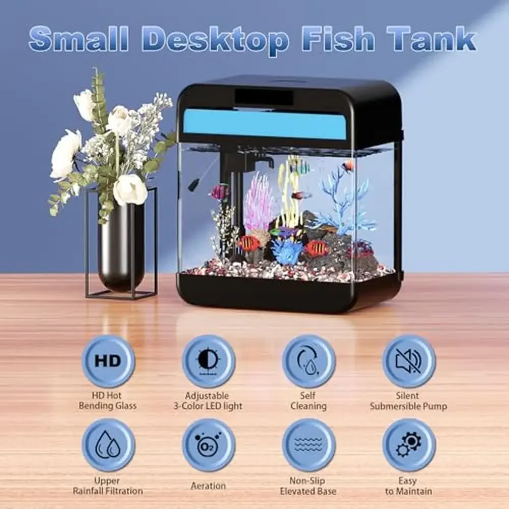 Aquarium Fish Tank 2.2 Gallon 3 Color Light Self Cleaning Water Pump Oxygenation Filtration Kit Decor Plants Sponge Board