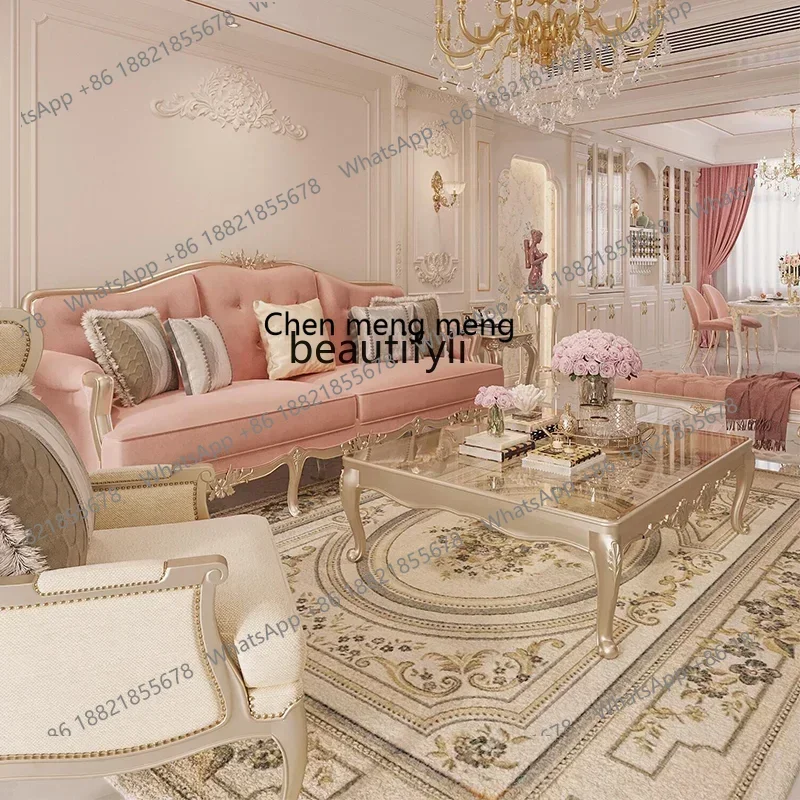 D176   French light luxury living room solid wood sofa villa high-end carved combination furniture, fabric three-person sofa