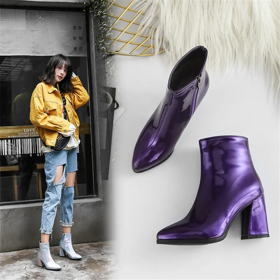 Silver Winter Women Ankle Boots Gold Mirror Patent Leather High Block Heel Party Office Lady Sexy Pointed Toe Zipper Short Plush