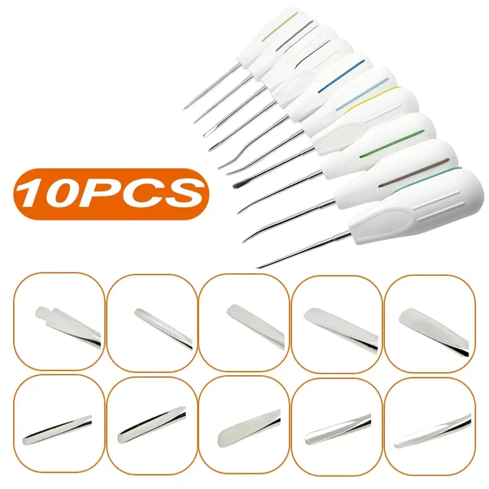 

10 шт./комплект, стоматологические хирургические минимально инвазивные инструменты для извлечения зубов, стоматологический подъемник, изогнутый корневой лифт, пластиковая ручка