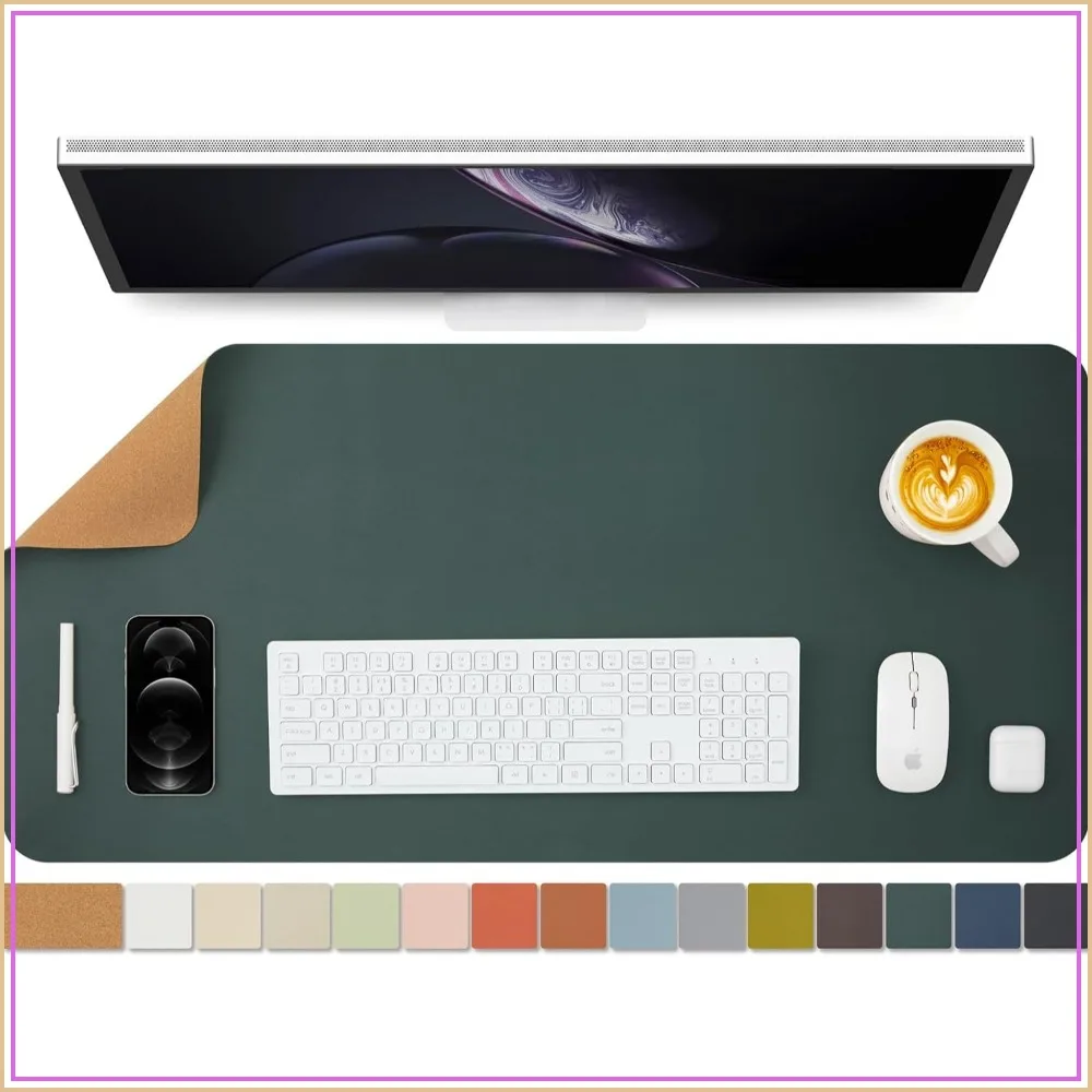 Dual-Sided Cork Desk Mat for Office and Home - Large Mouse Pad, Desk Organizer - 90x43cm Dark Green