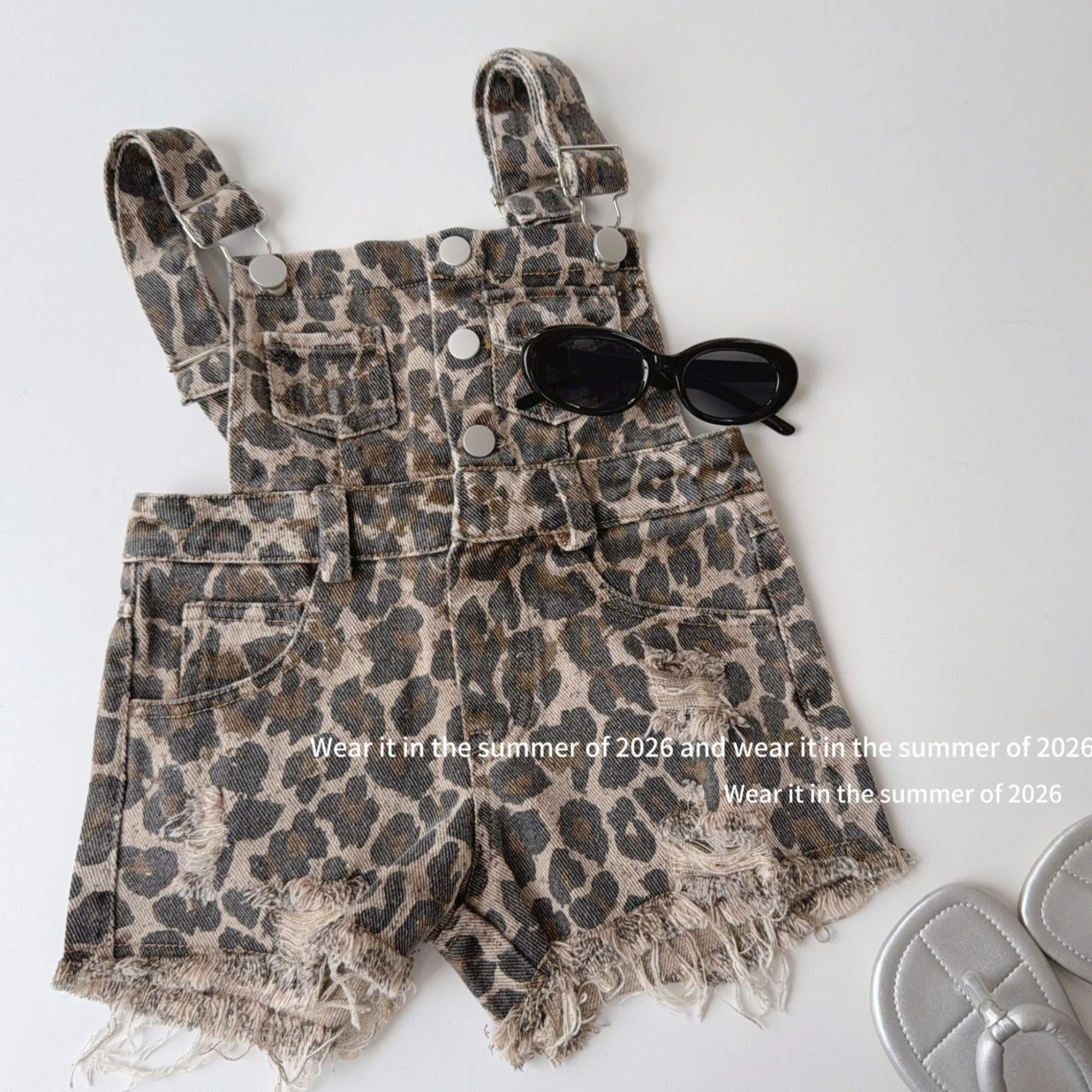 

Girls Pants 2026 Spring and Summer New Children's Clothing Korean Style Girl Baby Fashion Leopard Denim Suspender Pants