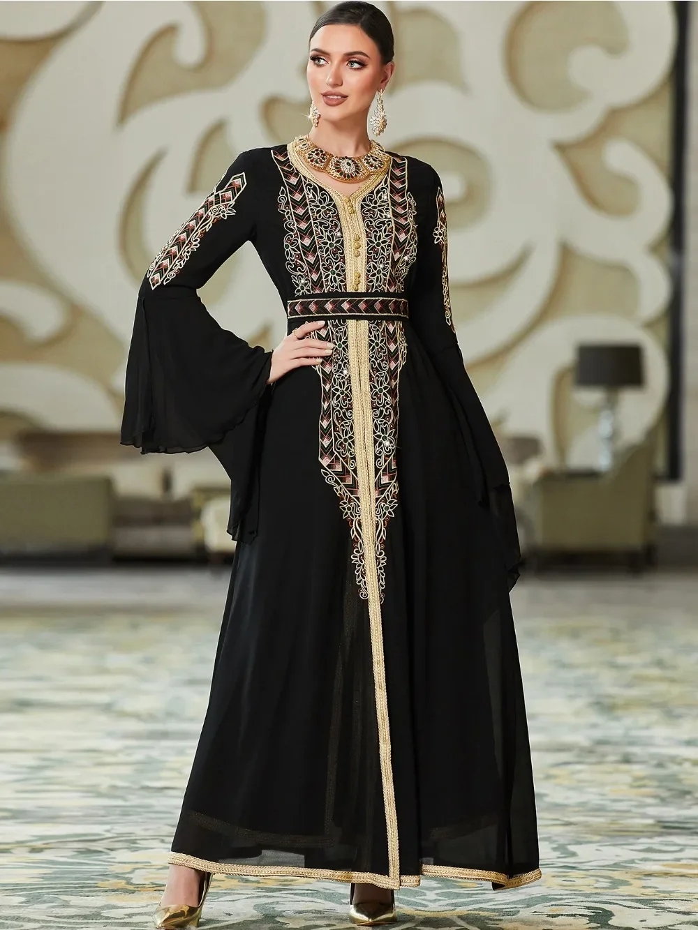 Eid Muslim Dress for Women Abaya Flare Sleeve Diamond Jalabiya Embroidery Morocco Party Dresses Dubai Abayas Kaftan Vestidos