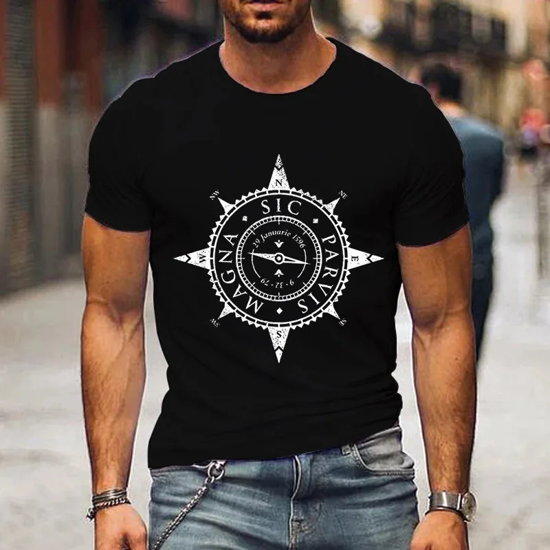 Magna Sic Parvis Print Compass Graphics T Shirt Men Clothing Short Sleeve T-shirt Uncharted Adventure Trip Men Streetwear Tshirt