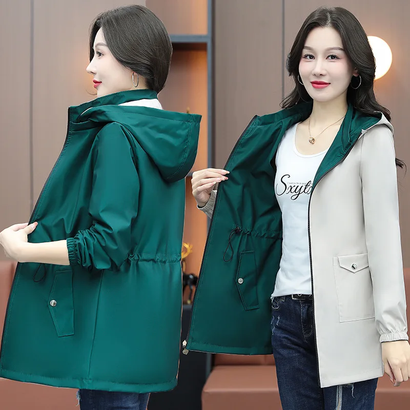 Spring Autumn Women Double-sided Trench Coat 2026 New Korean Hooded Mid Long Coat Female Windbreakers Outerwear Gabardina Mujer