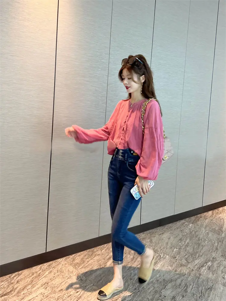 Lantern Sleeve Pink Shirt Women\'s Spring Wear 2023 New Fashion Shirt Women\'s Design Sense Chiffon Top