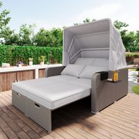 Two-person outdoor sofa, bench, garden furniture, garden sofa, lounge chair, awning, polyethylene and sponge, khaki