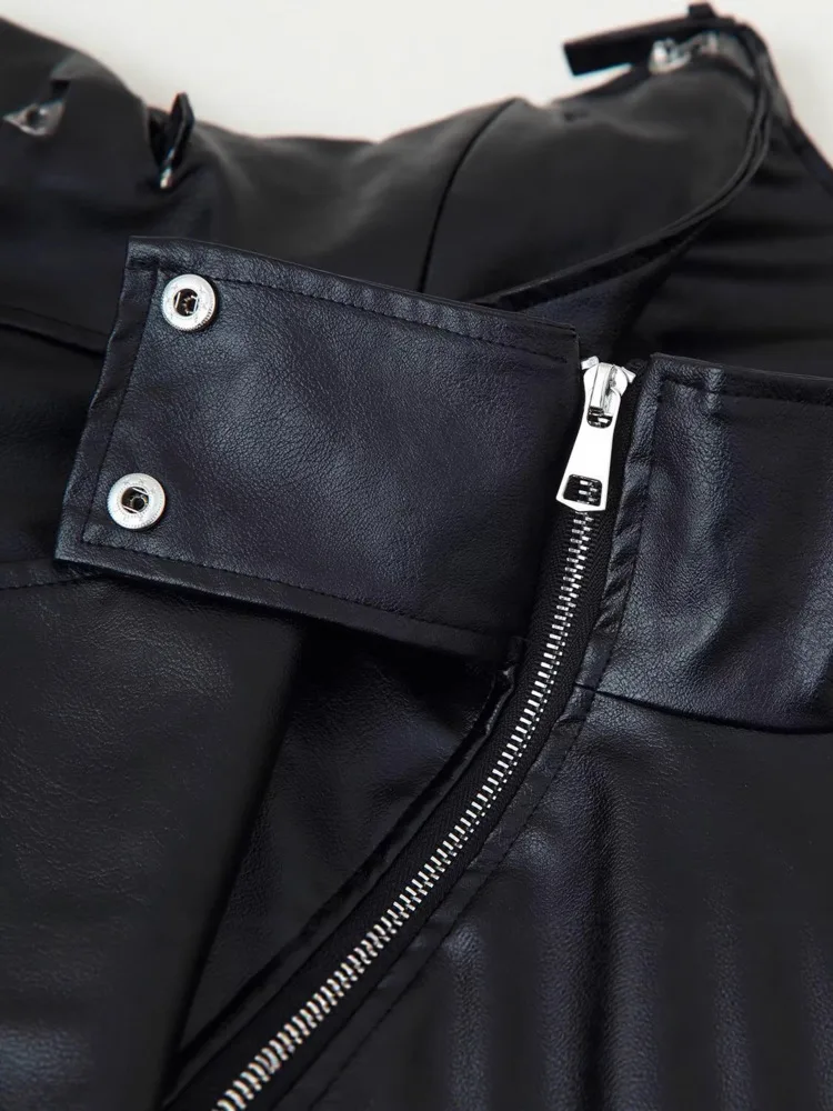 ZMEENNA Veste bombardier noire en simili cuir pour femme col haut fermeture éclair poches avant ourlet côtelé vêtements d'extérieur décontractés ZM4200