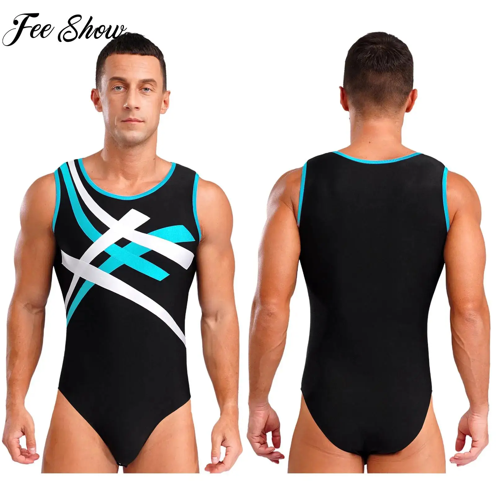 

Mens Ballet Dance Gymnastics Leotard Jumpsuit Sleeveless Contrast Color Bodysuits Stage Performance Training Costumes Sportswear
