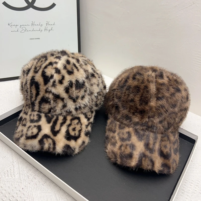 Leopard Baseball Cap Winter Hats for Women Plush Faux Fur  display picture 1
