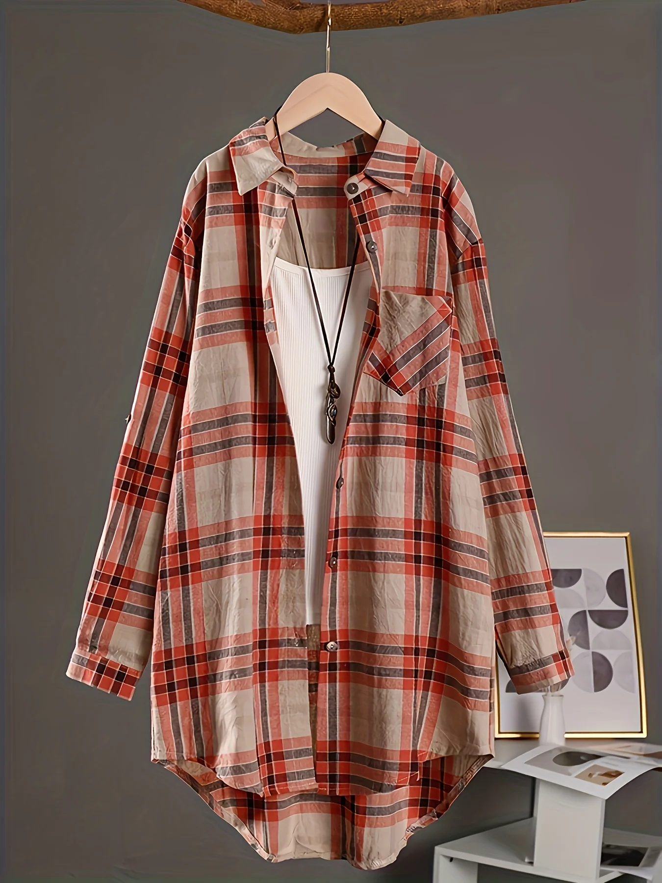 

Women's retro checkered long shirt casual loose oversized shirt long sleeved button top cardigan street wear women's top