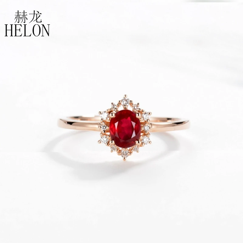 

HELON Oval Cut 4x5mm Ruby Ring Solid 18k Rose Gold Engagement Wedding Natural Diamonds Ring Genuine Gem Fine Jewelry Gift