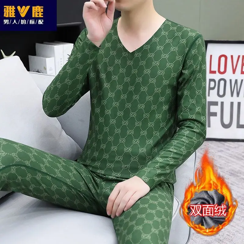 고급 탄력성 독일산 벨벳 브이넥 보온 내의 세트 남성용 롱존스 청소년 벨벳 겨울 잠옷 세트