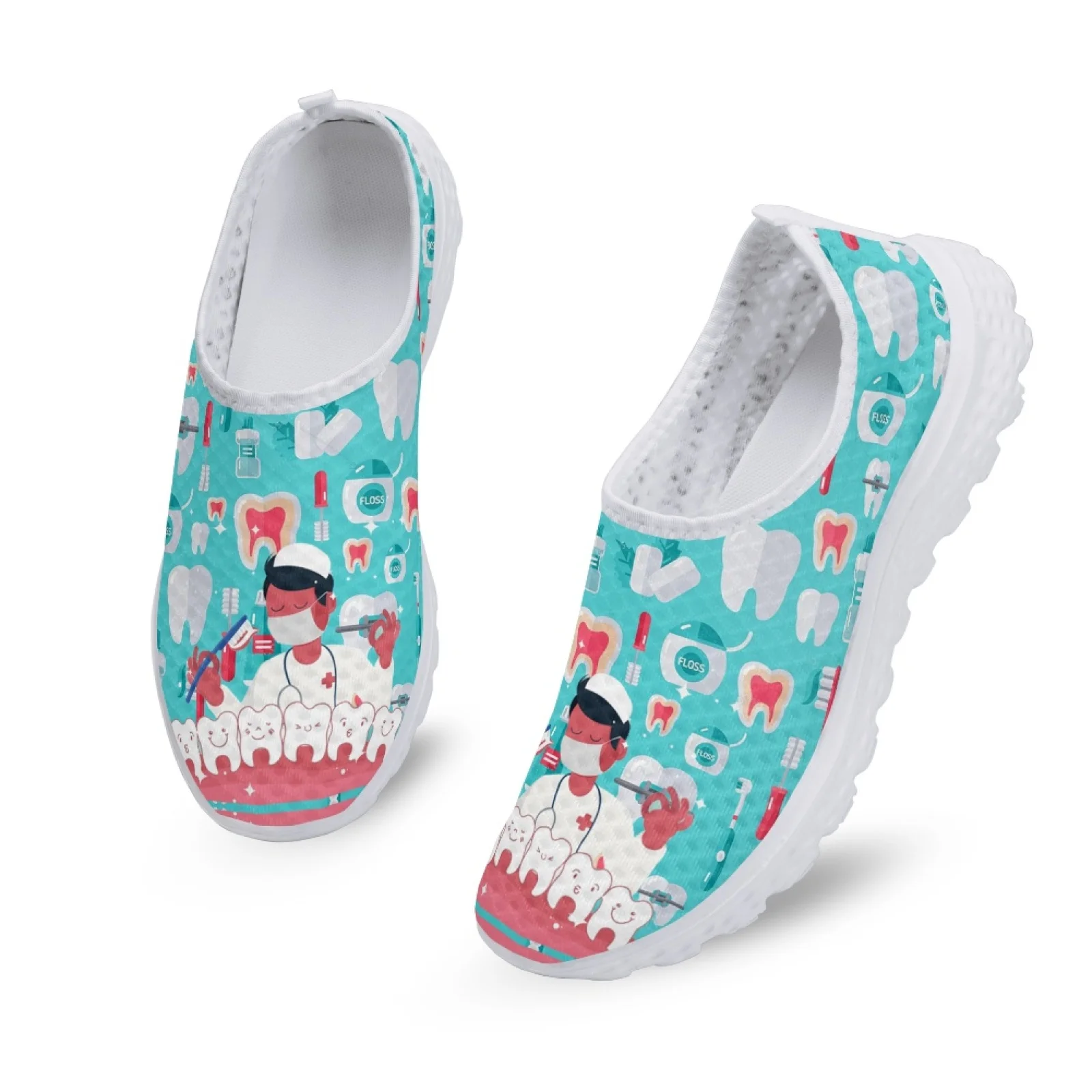 INSTANTARTS Dentist Shoes Women\'s Flats Cartoon Dental Nurse Print Breath Mesh Comfort Sneakers for Ladies Girls Summer Loafers