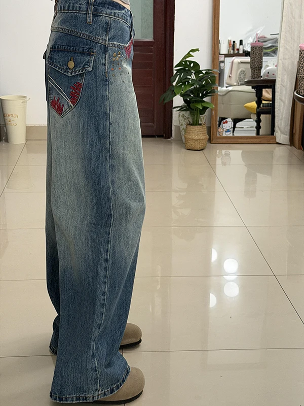 Retro American Embroidered Knife  Jeans Women's Autumn Winter Loose Straight Leg Wide Leg Floor Length Scythe Pants
